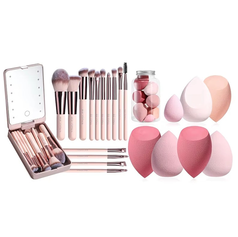 Portable LED Mirror with Makeup Brushes Set