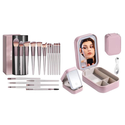 Portable LED Mirror with Makeup Brushes Set