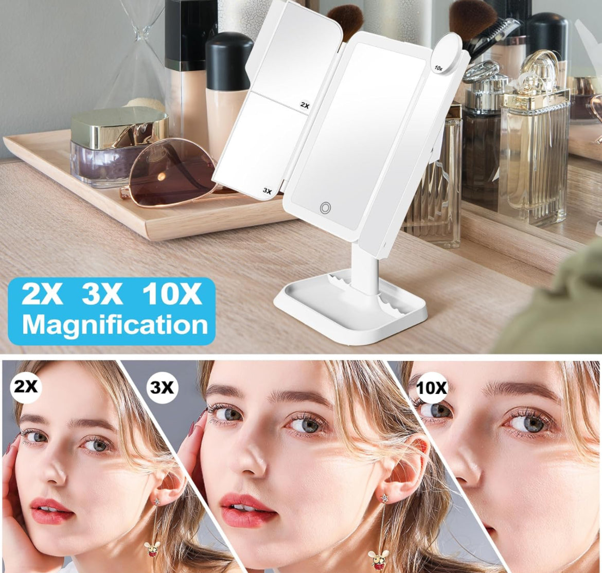 Rechargeable Tri-fold Makeup Mirror with LED lights and magnification