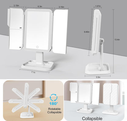 Rechargeable Tri-fold Makeup Mirror with LED lights and magnification