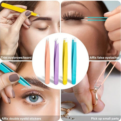 Stainless Steel Fine Brow Tweezers - Precision Hair Removal And Brow Shaping Tools, Non-slip, Durable And Portable Beauty Tweezers-Set of 4