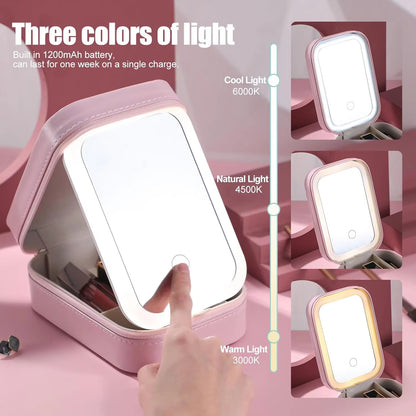 Portable LED Mirror with Makeup Brushes Set