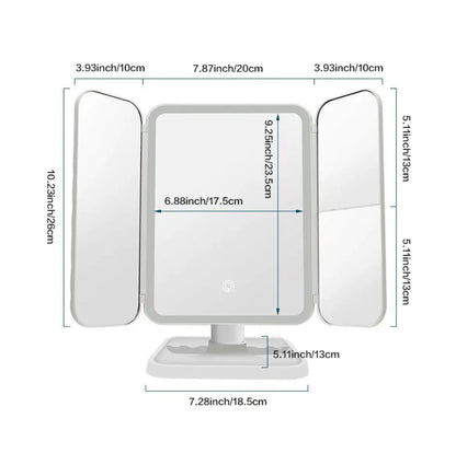 Rechargeable Tri-fold Makeup Mirror with LED lights and magnification