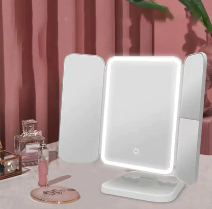 Rechargeable Tri-fold Makeup Mirror with LED lights and magnification